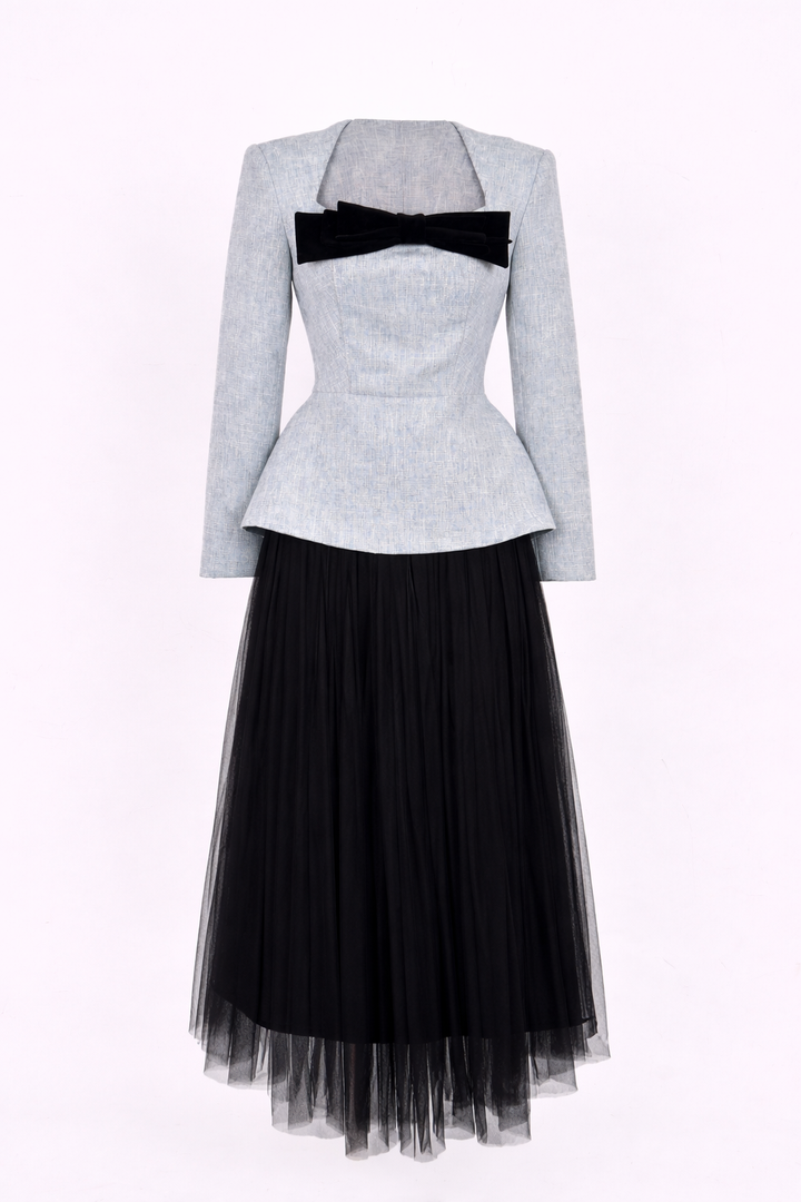 long sleeve peplum top with velvet bow and tulle skirt set – VELORA
