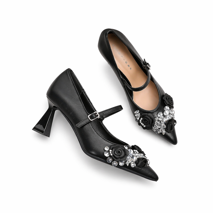 pointed toe metallic mary jane heels with floral crystal embellishment – LUMINA