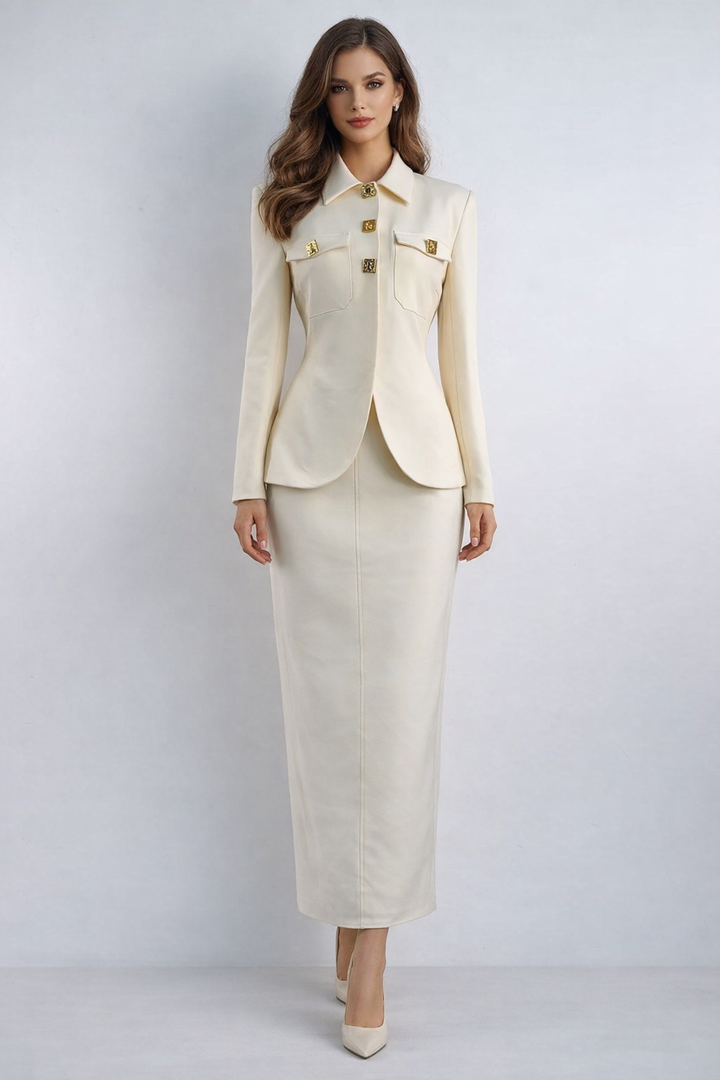 tailored blazer with gold button details and pencil skirt set – ELARA