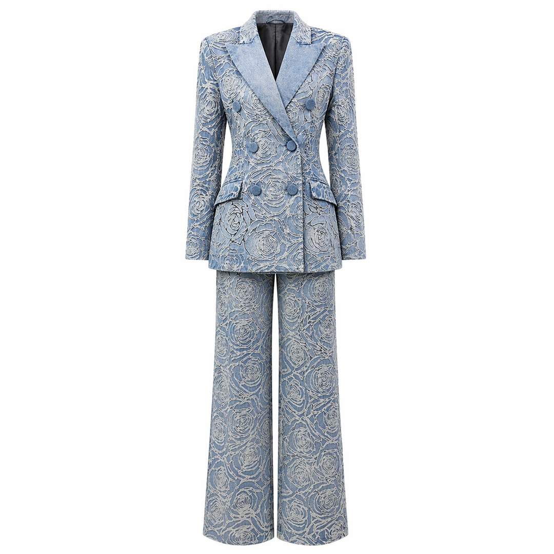 Blue Floral Jacquard Blazer and Wide-Leg Pants Set - AZELLA