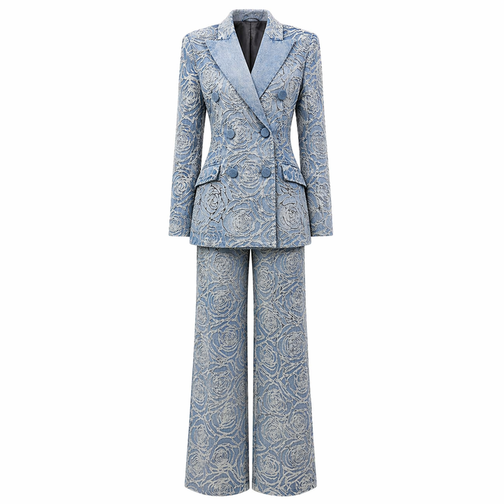 Blue Floral Jacquard Blazer and Wide-Leg Pants Set - AZELLA