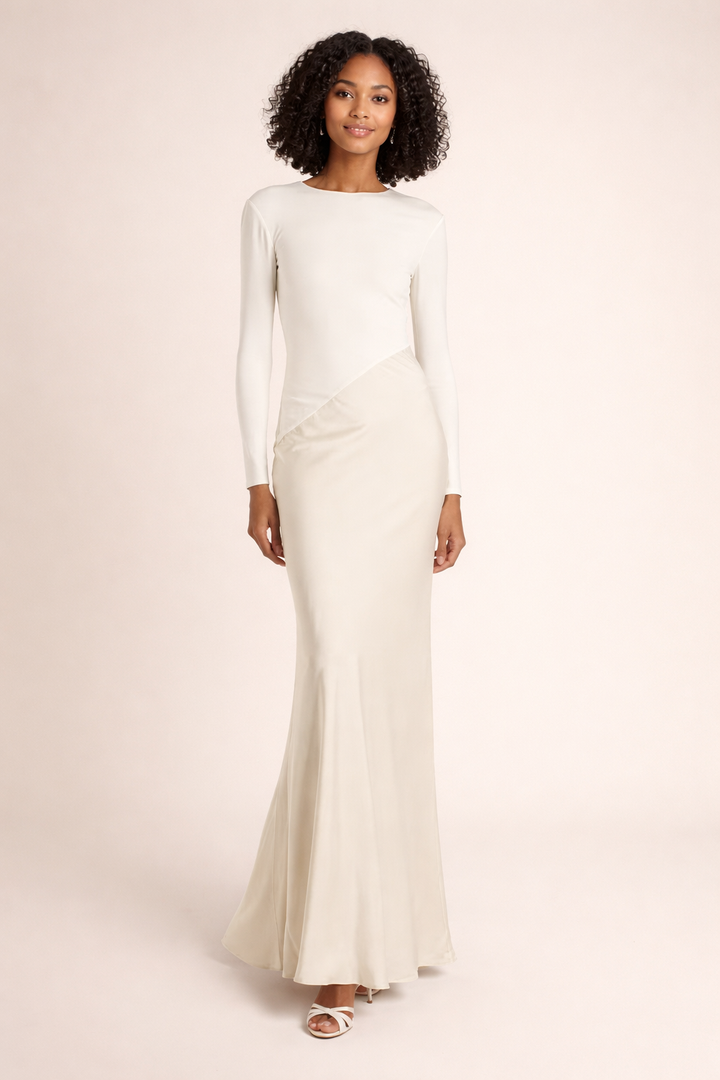 long-sleeve draped mermaid dress with asymmetric waist – LUMINA