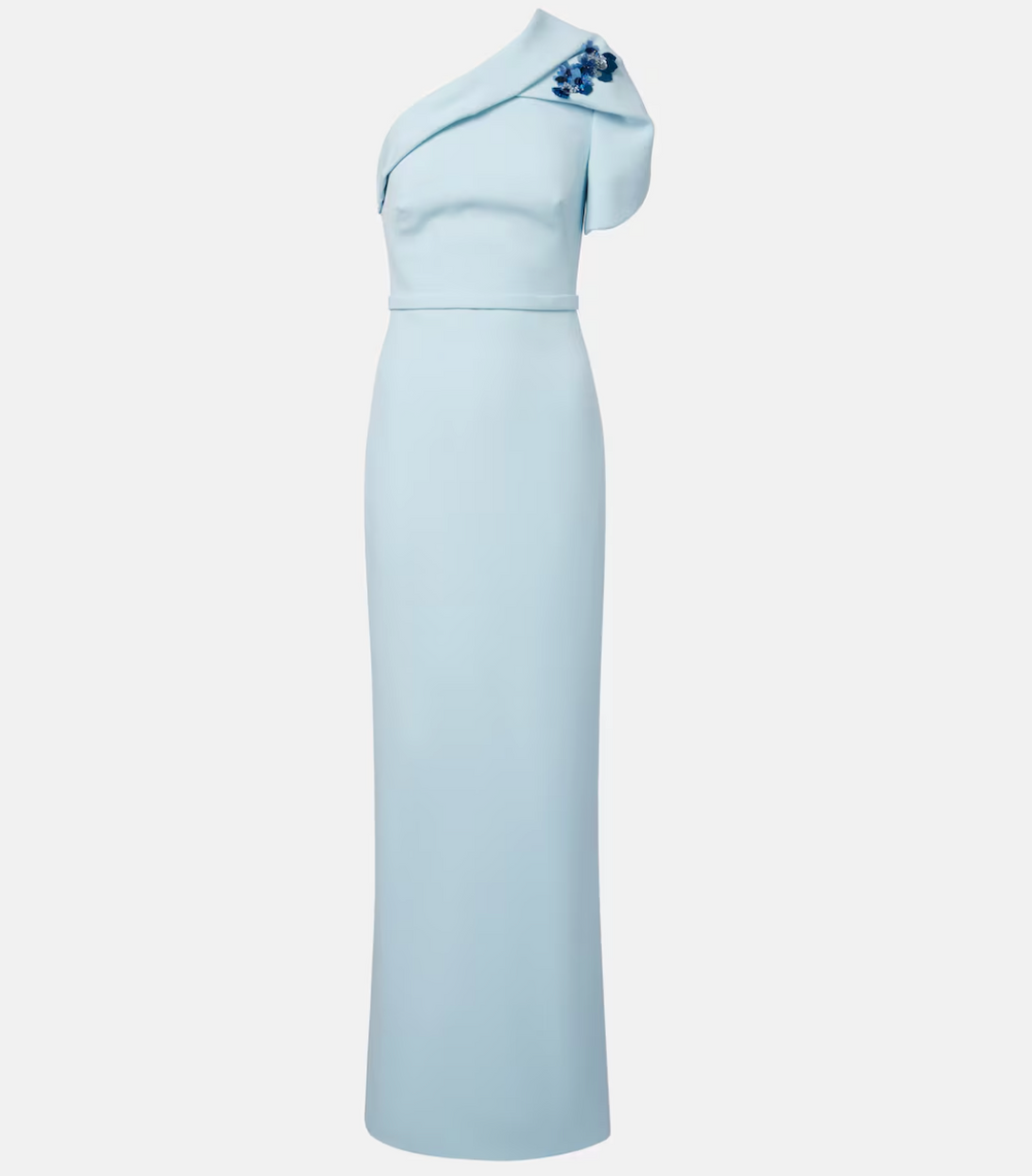 one-shoulder column gown with crystal floral accent – BAKRY
