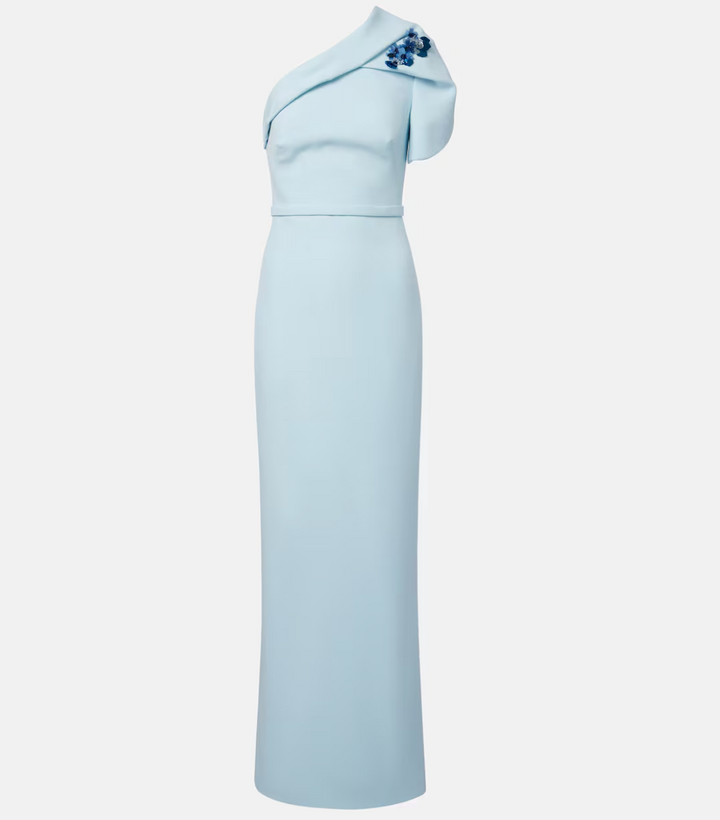 one-shoulder column gown with crystal floral accent – BAKRY