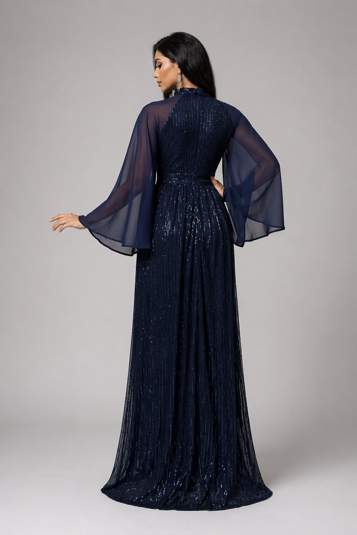 Burgundy Sequin Flowy Sleeve Evening Dress-ELVIRE