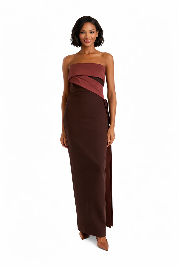 strapless column gown with layered draped bodice – CARAMELLA