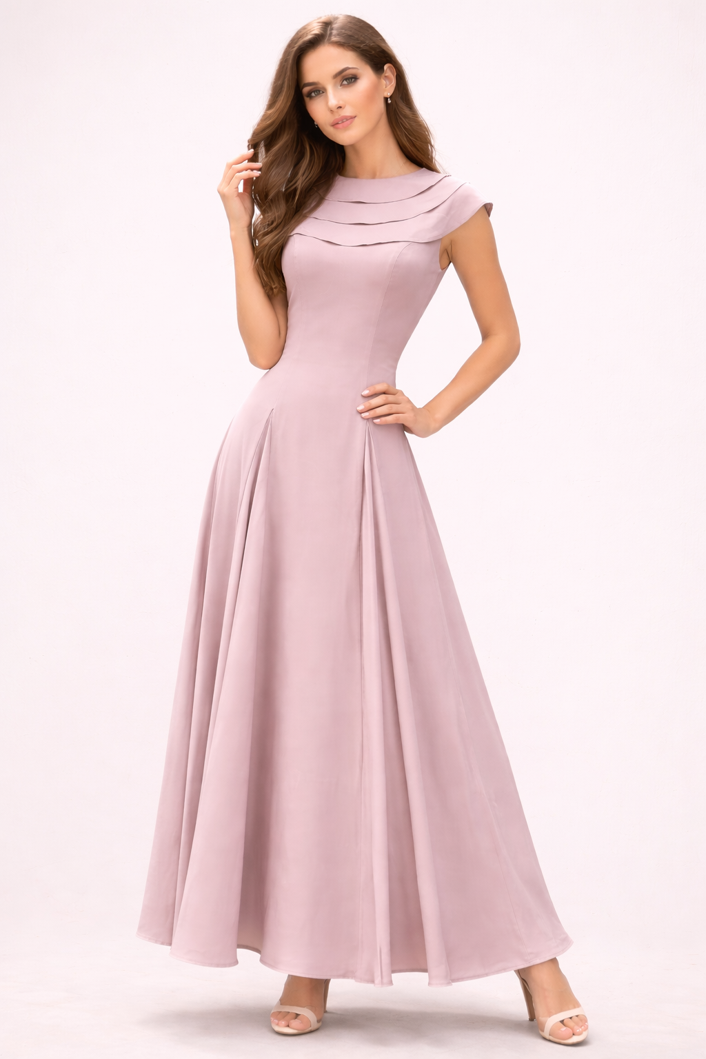 cap sleeve maxi dress with layered neckline and pleated skirt – BLUSH
