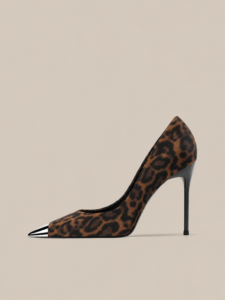 leopard print stiletto heels with metal cap toe - LUIYL
