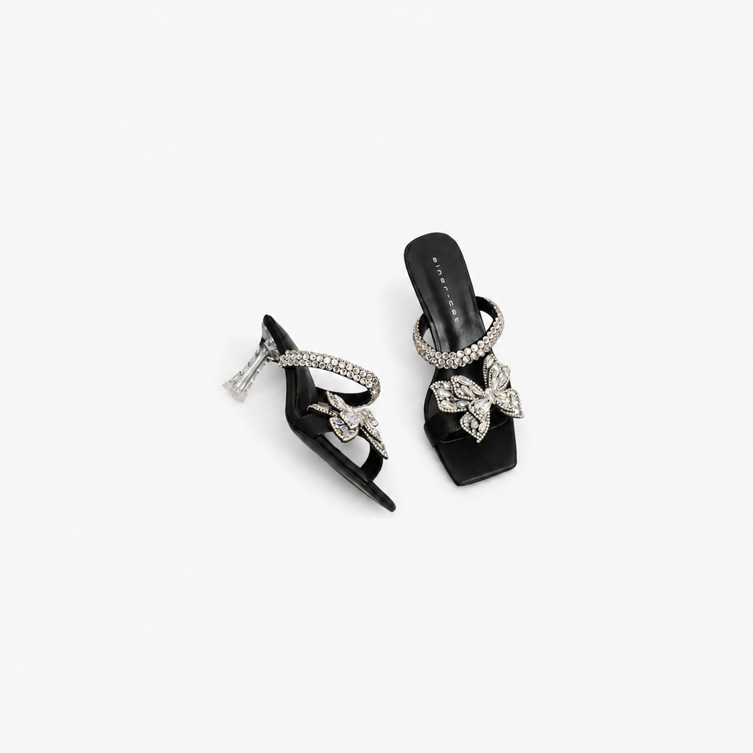 crystal bow heeled sandals with rhinestone strap – GLACIA