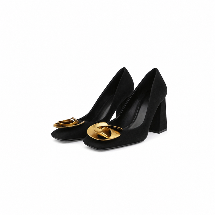 square-toe block heel pumps with gold sculpted ornament – HUSSEIN
