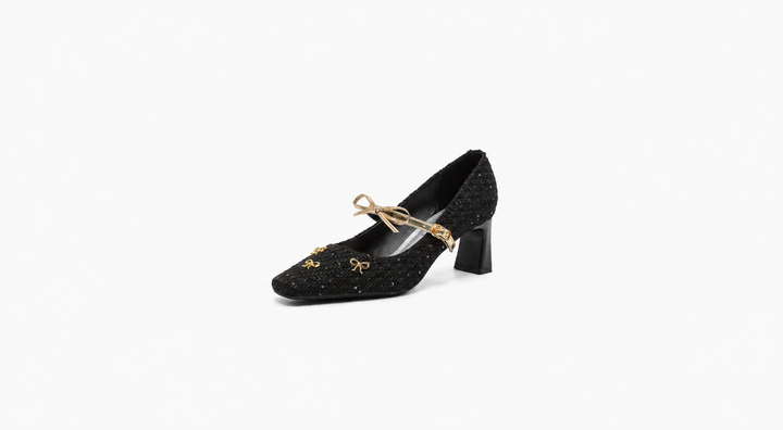 square-toe tweed heels with bow strap – AMELIA