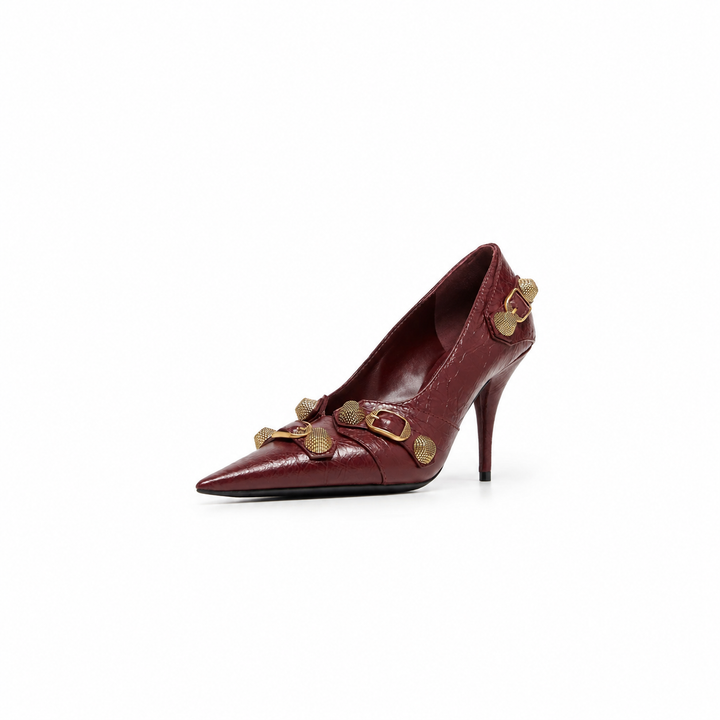 Studded Buckle Pointed Toe Stiletto Heels – BORDEAUX