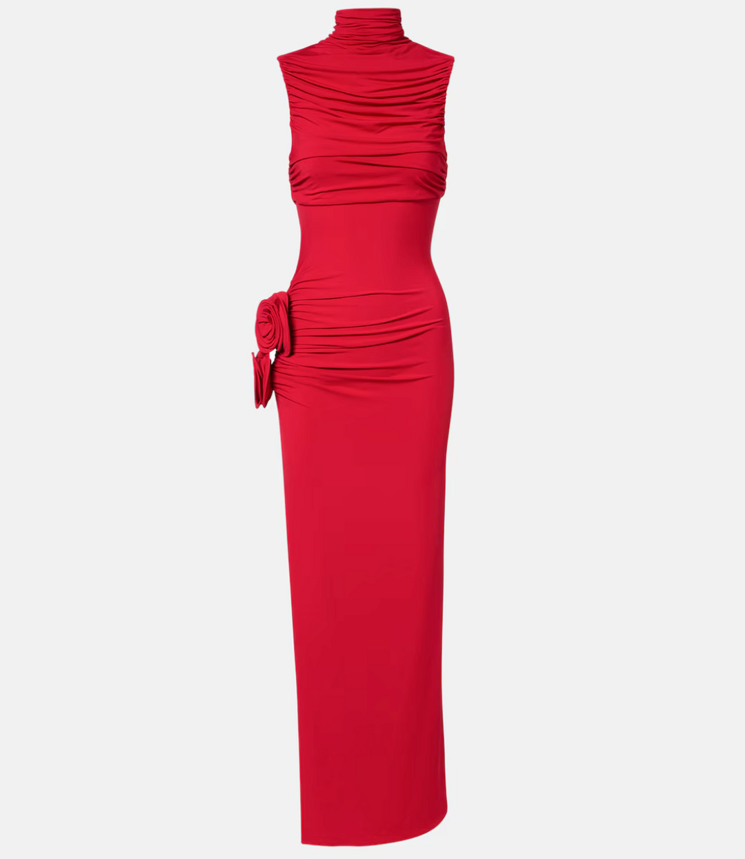 high-neck ruched column dress with floral hip detail – SALY