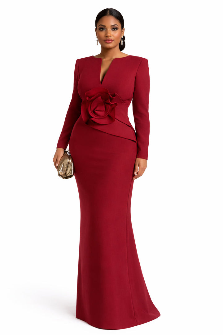 long-sleeve column gown with sculpted floral waist – SASYON-1