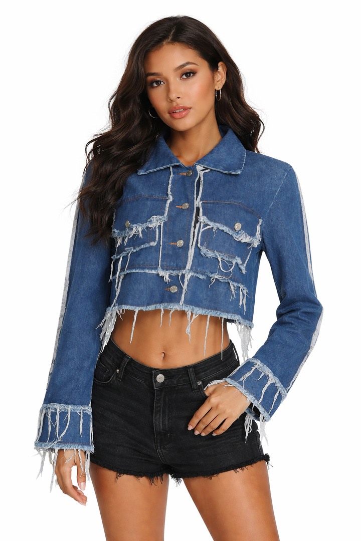 cropped distressed denim jacket with raw fringe – ROGUE