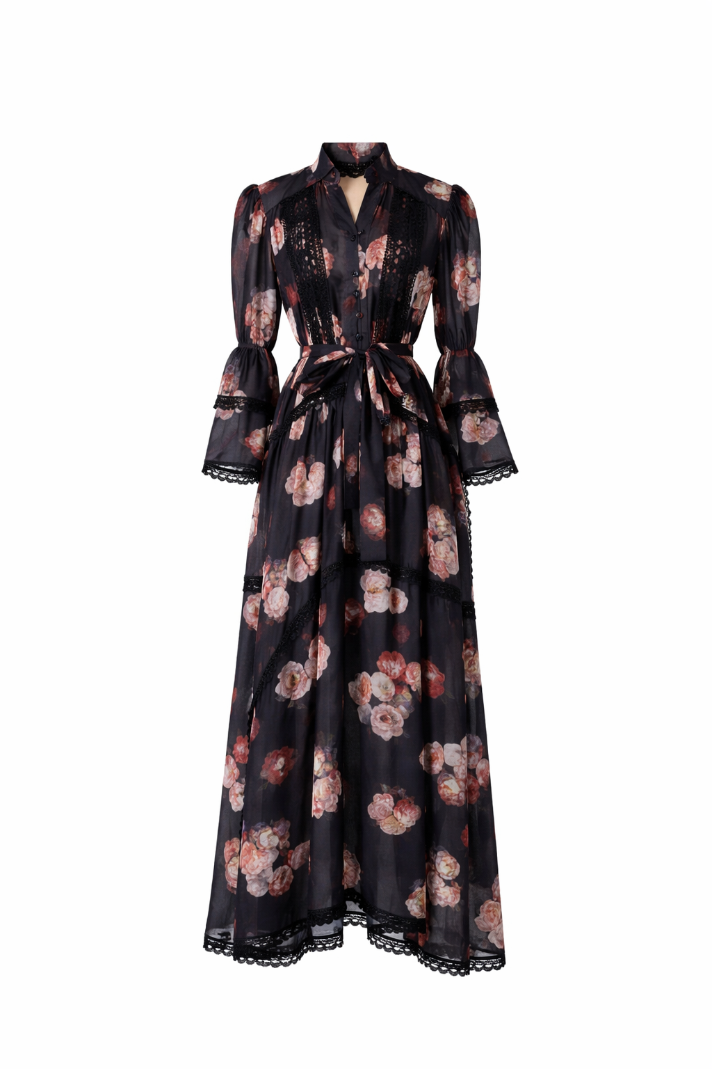 long sleeve vintage floral dress with lace panels and belted waist – AMELIA