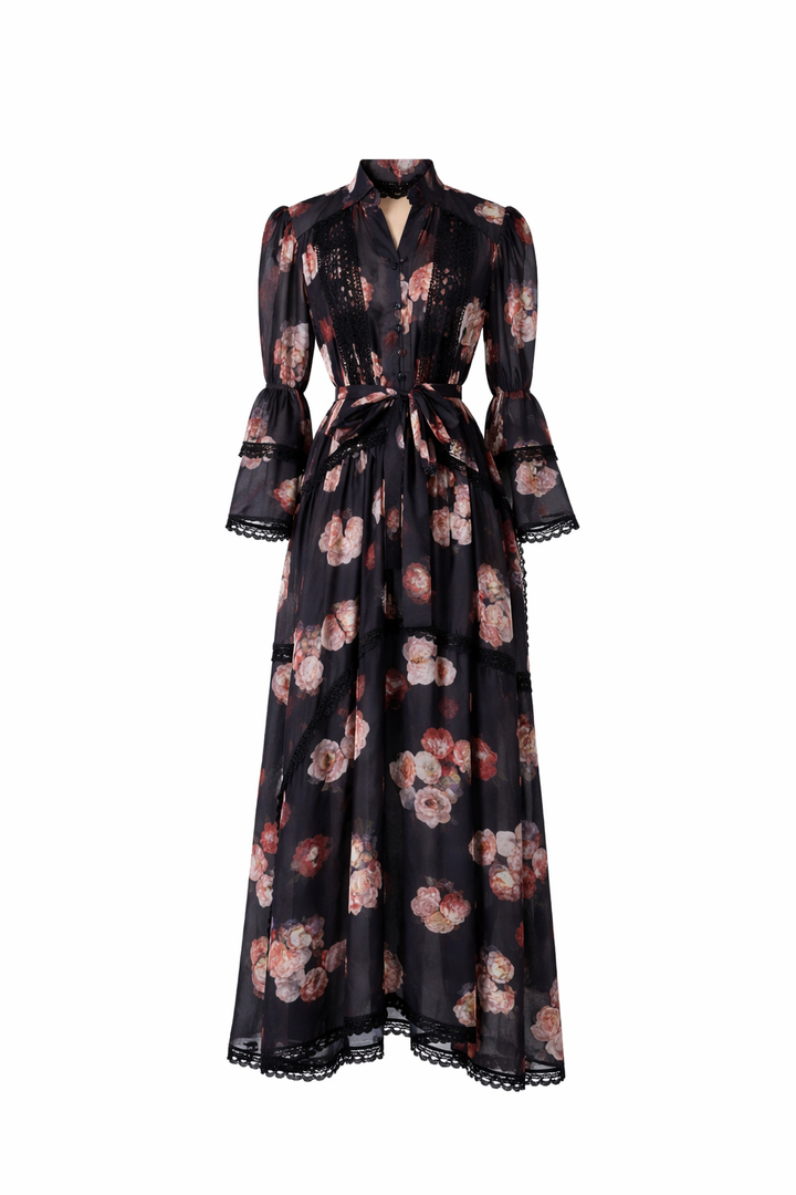 long sleeve vintage floral dress with lace panels and belted waist – AMELIA