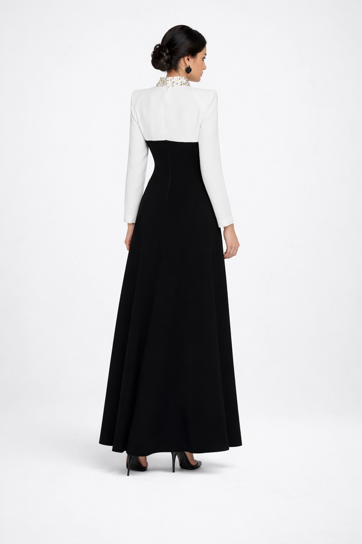 high-neck two-tone maxi dress with embellished collar – MONARCH