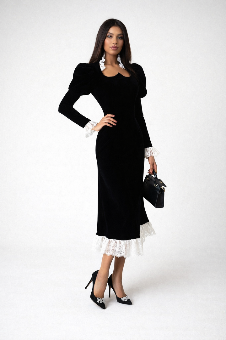 long sleeve midi dress with lace trim collar and cuffs – LACE
