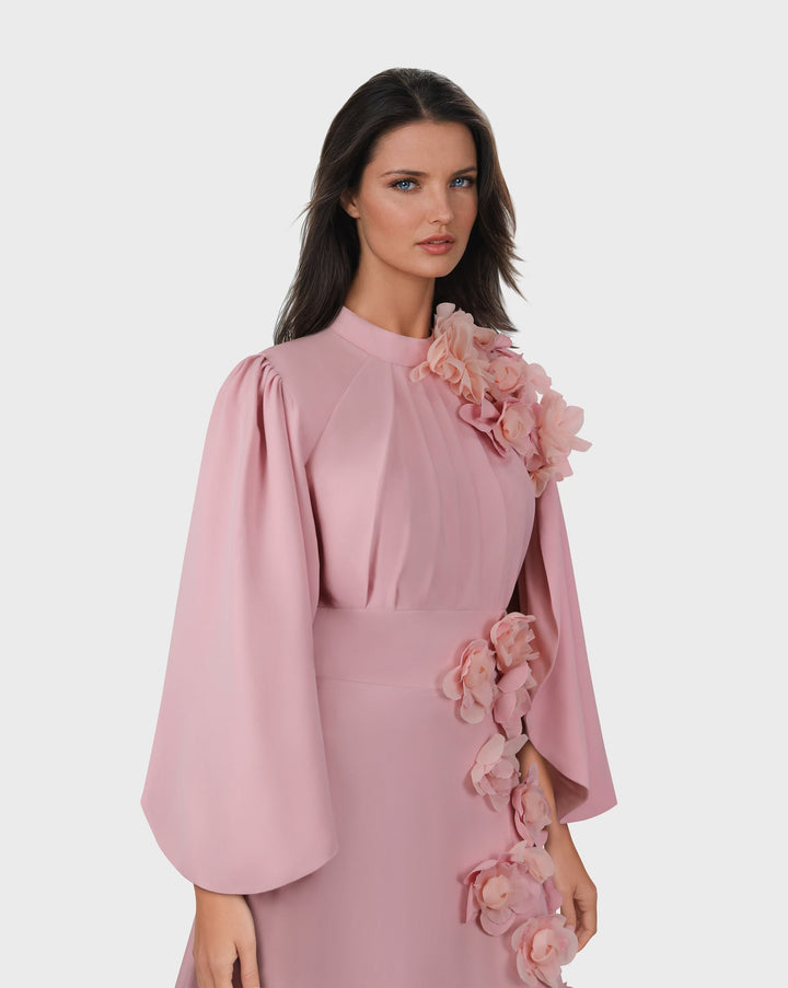 3D flowered maxi dress with cape sleeves-Trisha