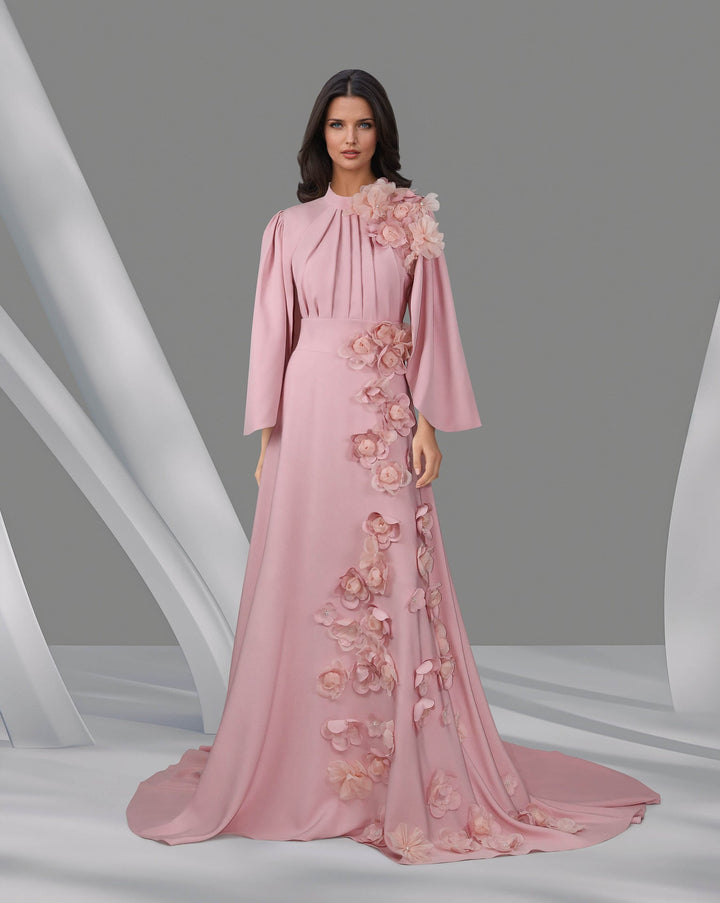 3D flowered maxi dress with cape sleeves-Trisha