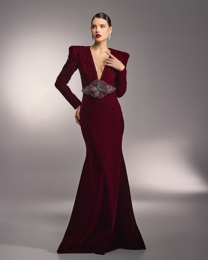Velvet gown with crystal flower embellishment – RUBINA