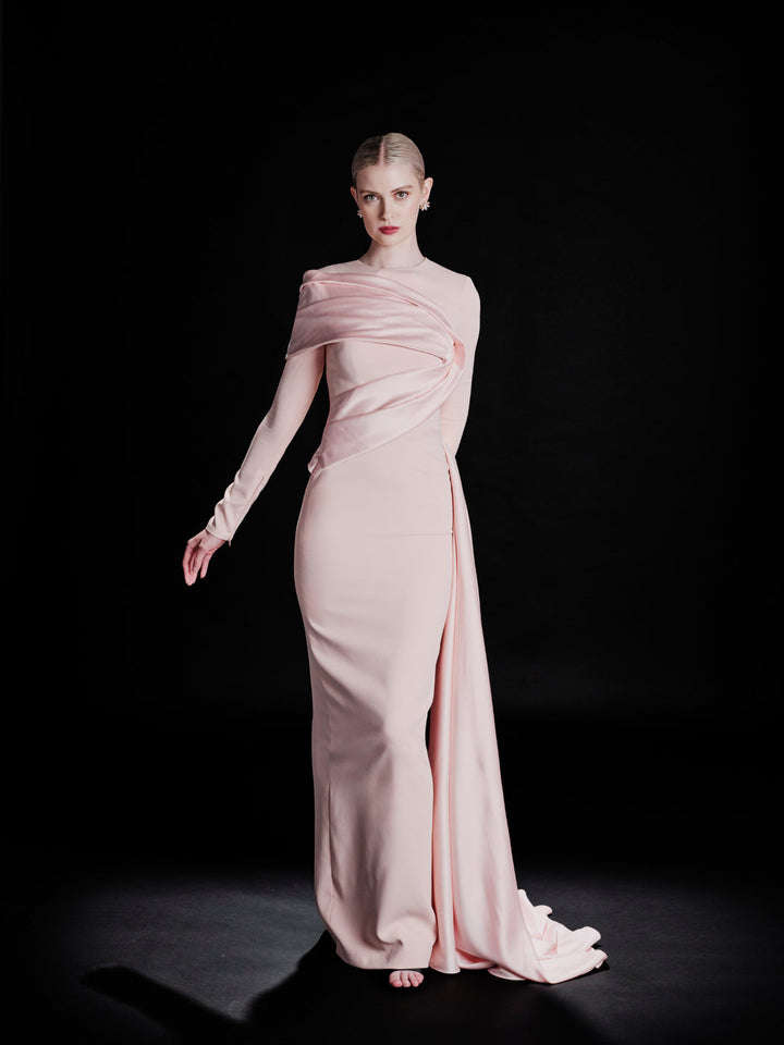 long-sleeve draped column evening gown – RUBINA