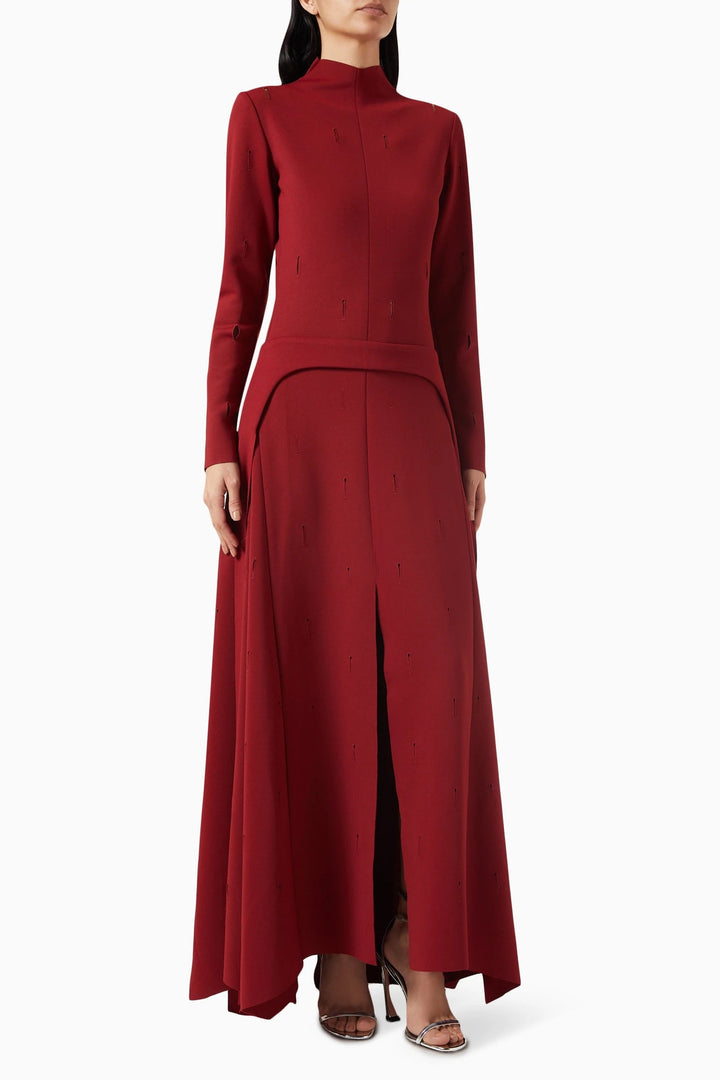 high-neck long-sleeve gown with front slit – RUBINA