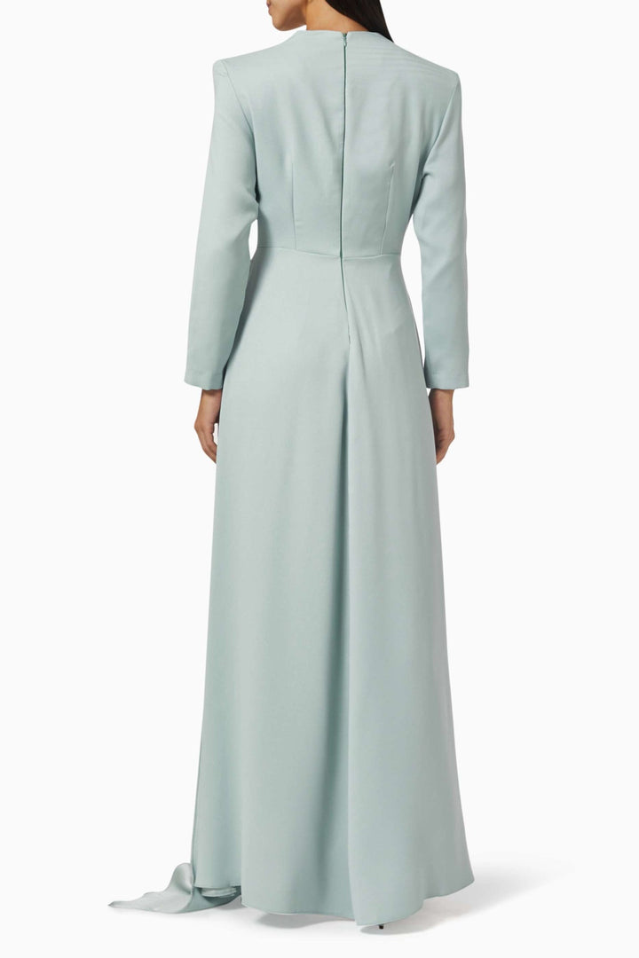 long-sleeve gown with embellished illusion neckline & draped sash – RHEA