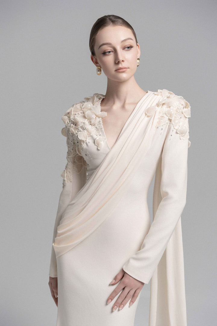 draped lace-embellished gown with floral shoulders – ODD- ELARIS