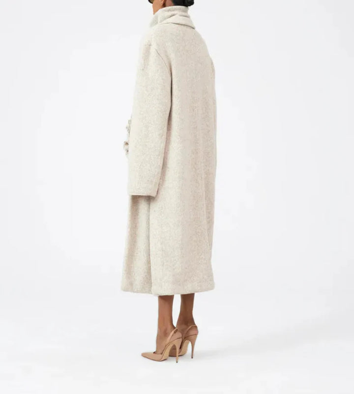 turtleneck knit top with maxi coat and ruffle detail - Logenh