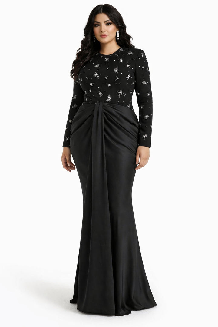 Embellished Long-Sleeve Draped Gown - MIDNIGHT-1
