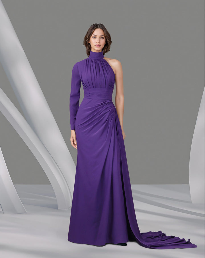ODD-Draped shoulder off dress with side train-Julnar
