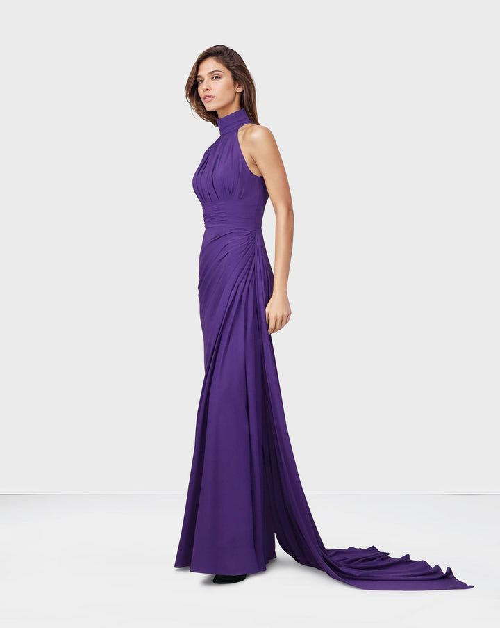 ODD-Draped shoulder off dress with side train-Julnar