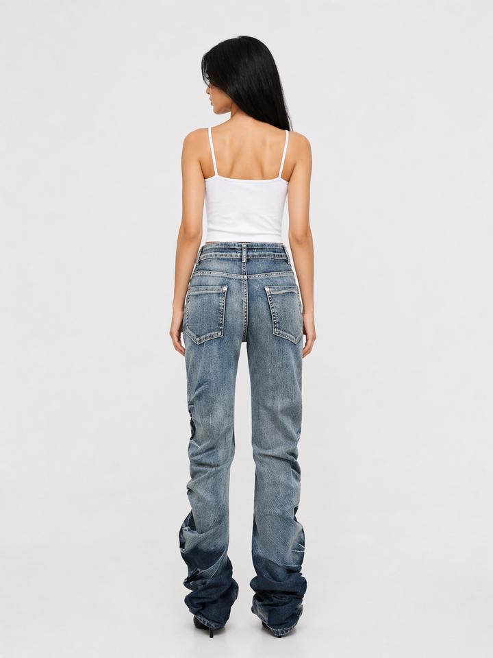 Vintage Wash High Waist Stacked Denim Jeans with Button Fly - RAVEN