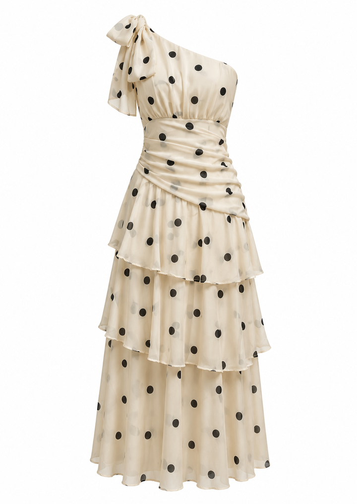 Polka Dot One-Shoulder Maxi Dress - Elegance