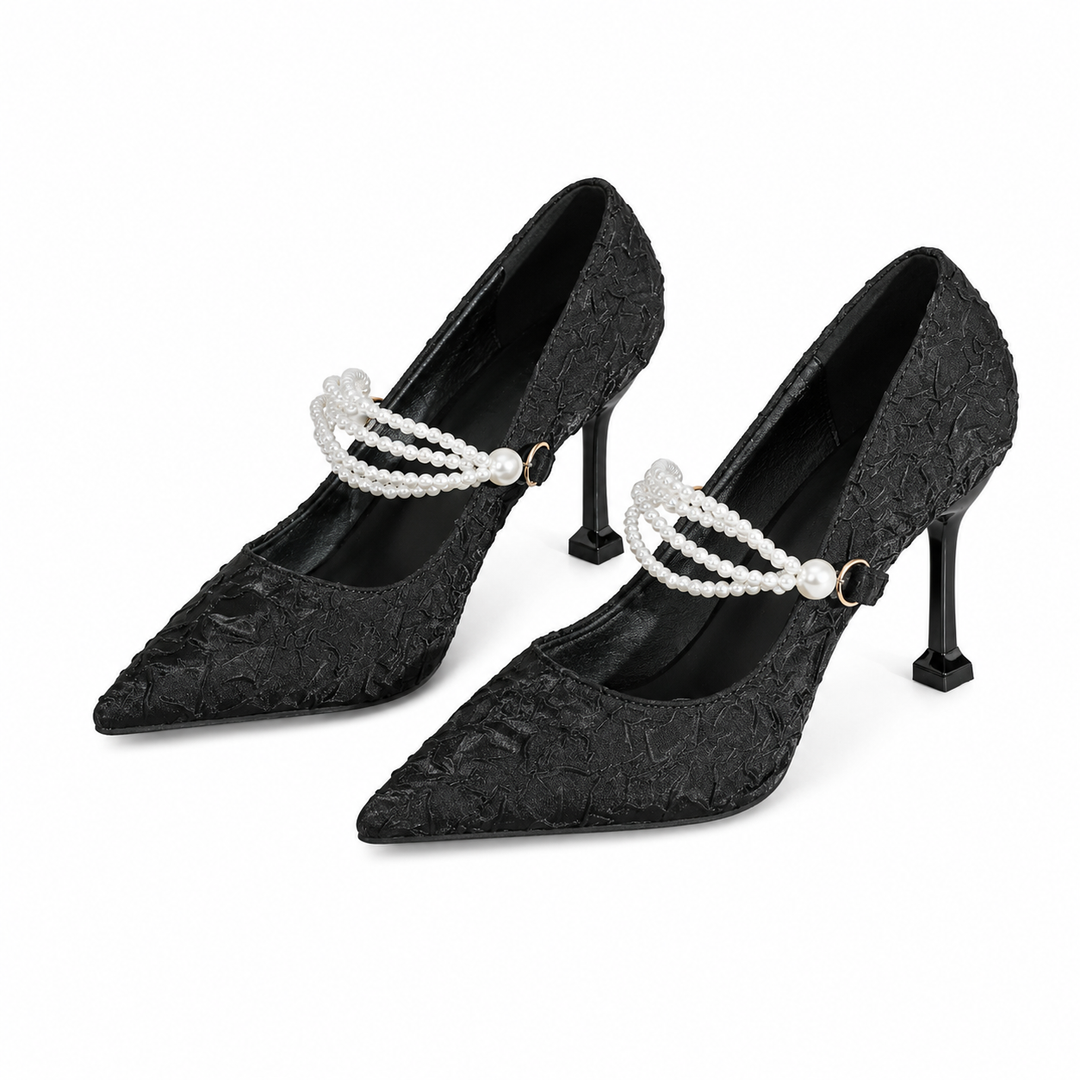 Pearl Strap Lace Stiletto Heels - Elegance