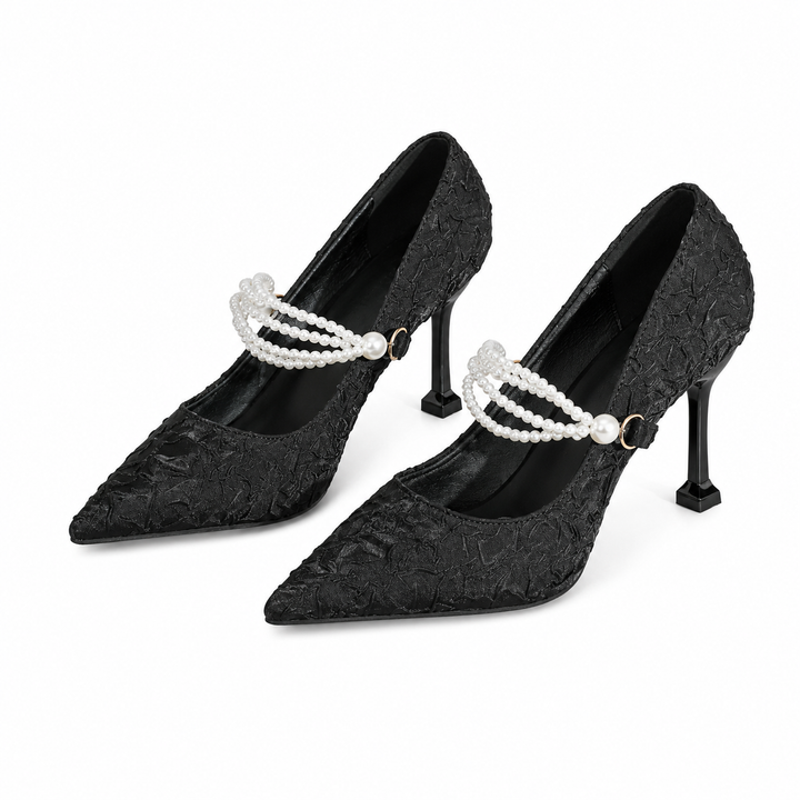 Pearl Strap Lace Stiletto Heels - Elegance