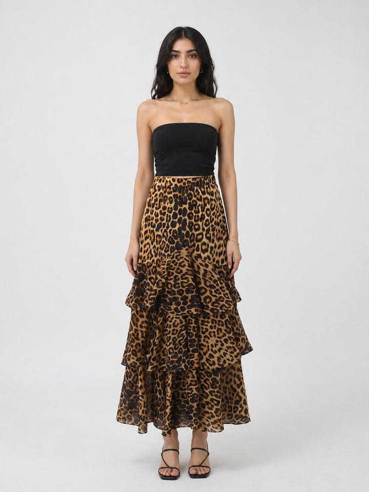 Leopard Print Tiered Ruffle Midi Skirt – SAVARA