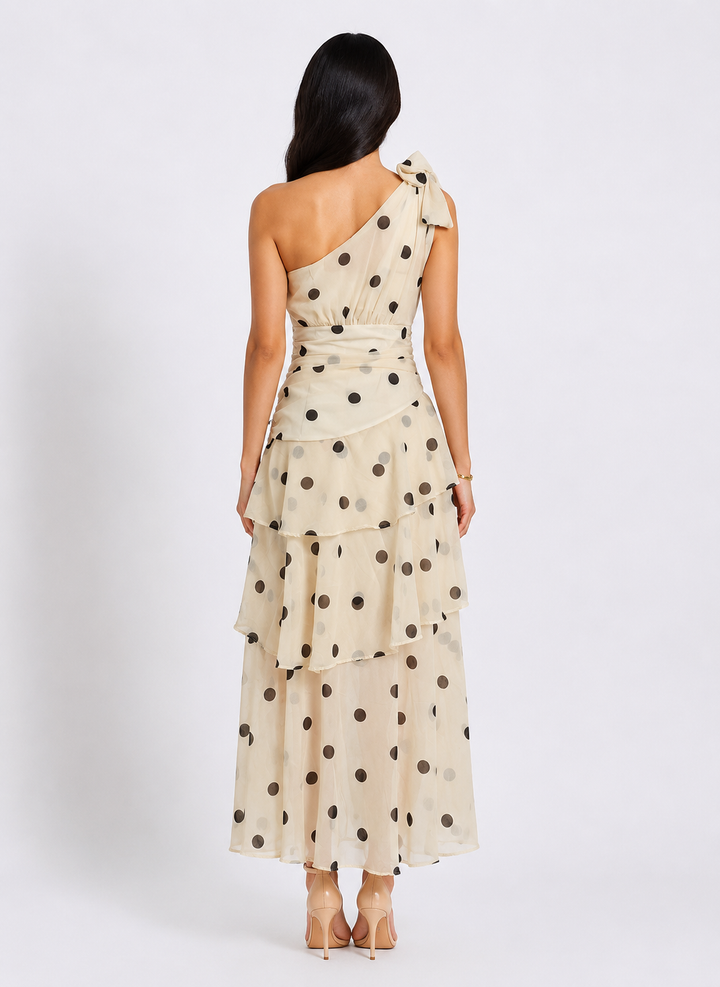 Polka Dot One-Shoulder Maxi Dress - Elegance