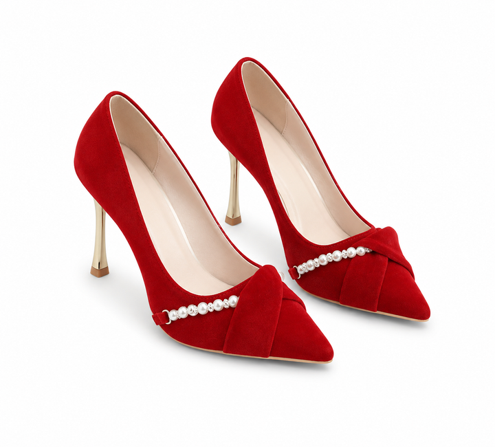Elegant Red Pearl Detail Stiletto Heels - Pointed