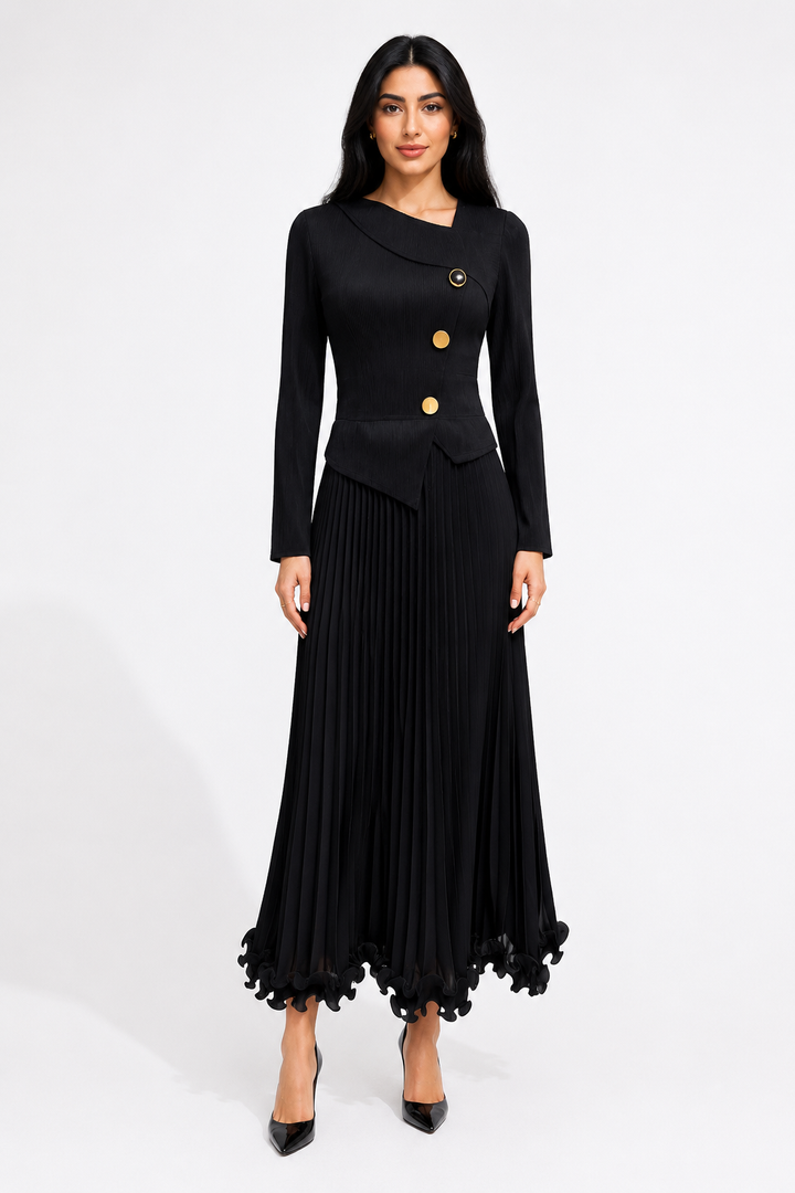 Pleated Button Detail Maxi Dress - Mocha