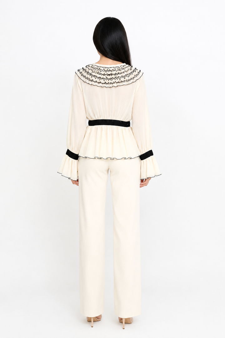 Ivory Embroidered Ruffle Blouse with Black Ribbon Tie – BELÉNZA
