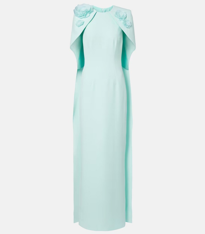 cape column dress with floral shoulder appliqué – CELESTIA