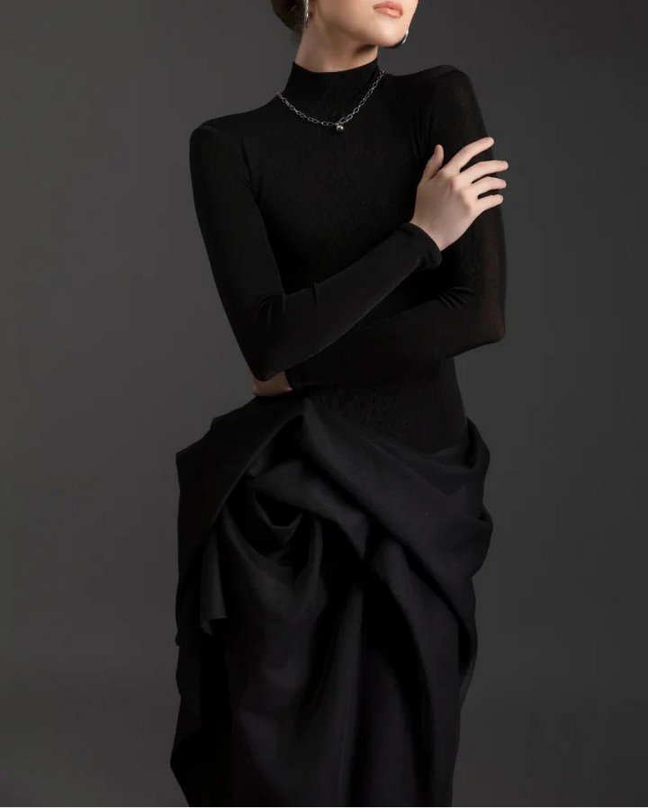 high-neck draped sculptural gown – NOIR