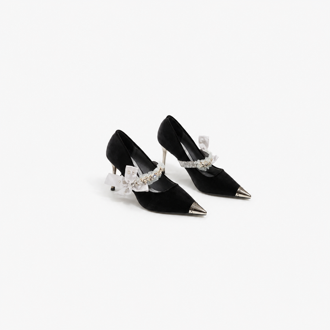 pointed toe velvet pumps with ribbon bow and crystal strap – VELORA