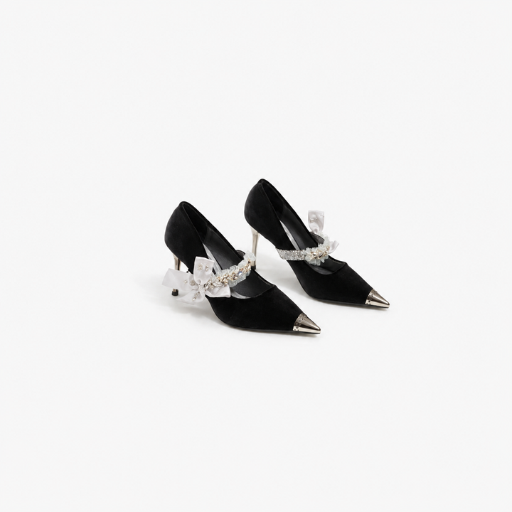 pointed toe velvet pumps with ribbon bow and crystal strap – VELORA