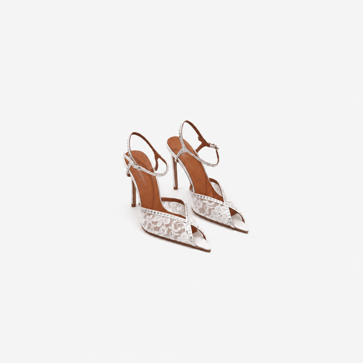 White Lace Crystal Slingback Heels – Bridal