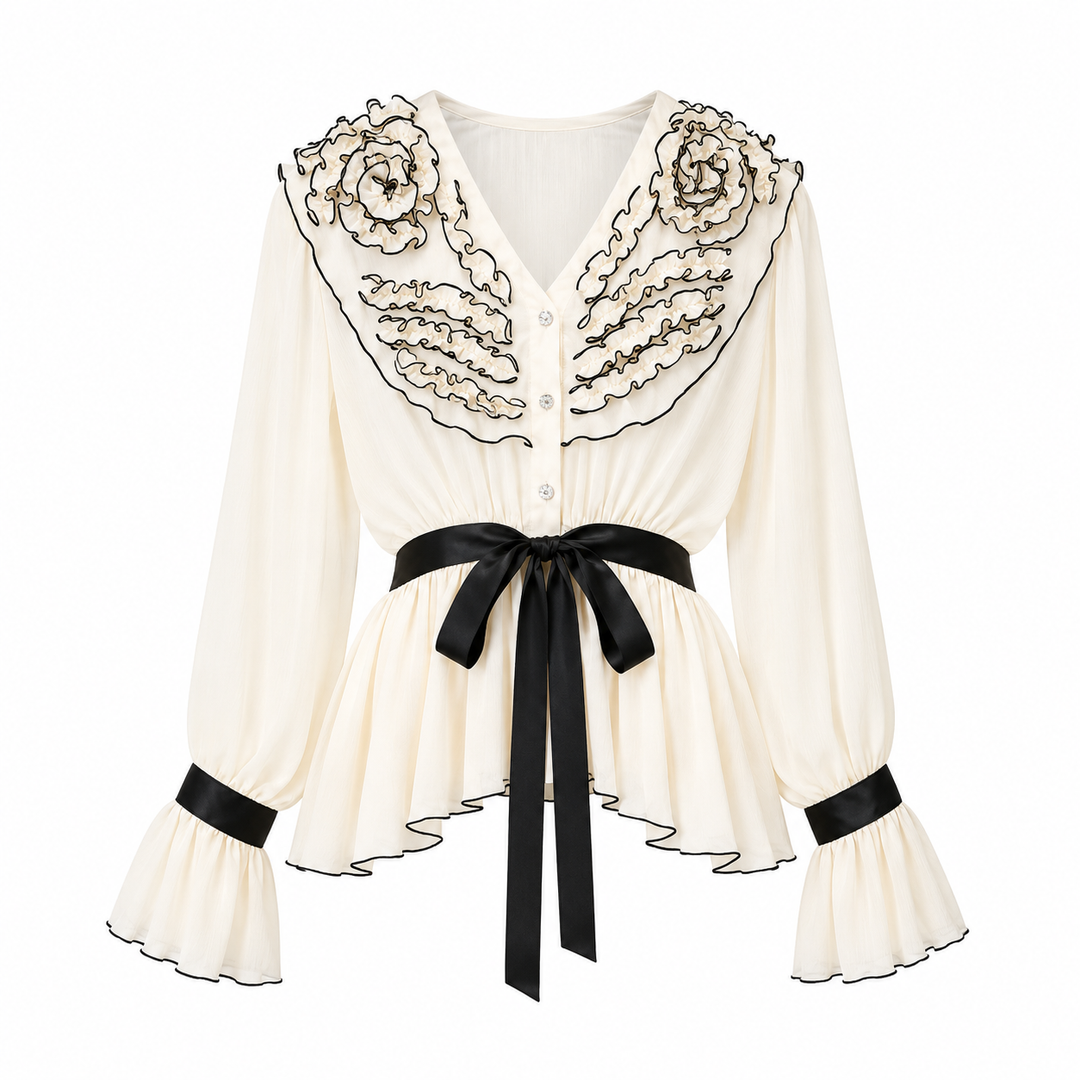 Ivory Embroidered Ruffle Blouse with Black Ribbon Tie – BELÉNZA