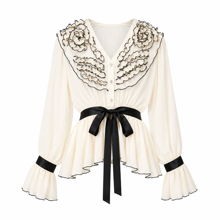 Ivory Embroidered Ruffle Blouse with Black Ribbon Tie – BELÉNZA
